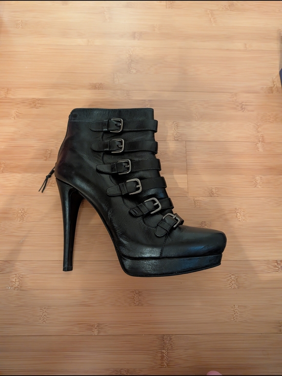 Stuart Weitzman Shoes - Stuart Weitzman Black Buckled Leather High-Heel Ankle Bootie